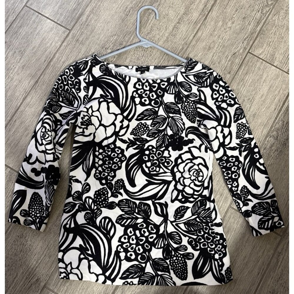 TB14189- TALBOTS Women's Lightweight Cotton Top 3/4 Sleeve Floral Black White XS
